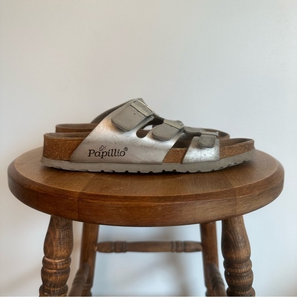 Birkenstock Papillio Florida Silver Sandal Womens Size 39 US 8 Triple Strap - Picture 1 of 11